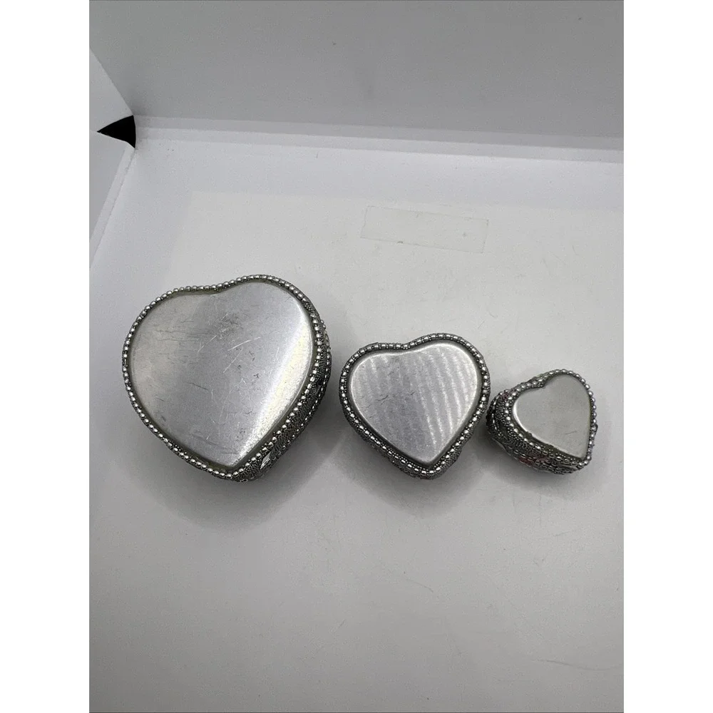 Nesting Trinket‎ boxes (3) Heart, Mirrored & beaded -New Old Stock